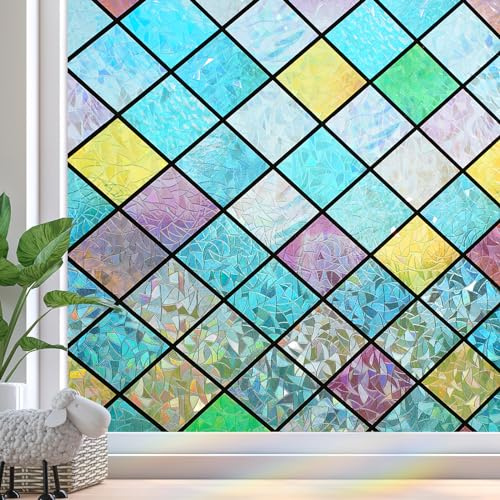 Zindoo Fensterfolie Blickdicht 3D Regenbogeneffekt Sichtschutz 90x200cm | Statisch haftend ohne Kleber, UV-Schutz für Fenster, dekorative Sichtschutzfolie für Wohnzimmer, Büro, Türen und Balkon