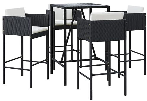 vidaXL Gartenbar Set 5-TLG., Gartenmöbel Bartisch 4 Barstühle, Stehtisch Barhocker für Garten Terrasse, Sitzgruppe Gartenset mit Kissen, Schwarz Poly Rattan