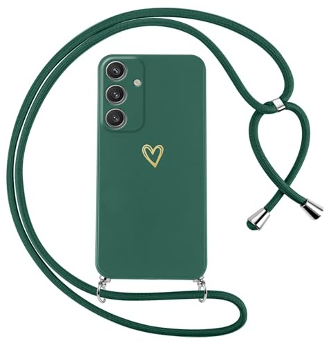 Oelrstfe Handyband für Samsung Galaxy S24 5G Hülle mit Band Herz Motiv Handyhülle für zum Umhängen Silikon Stoßfest Ultra Dünn Weich Schutzhülle mit Kordel Necklace Kette Gold Love Muster Case,Grün