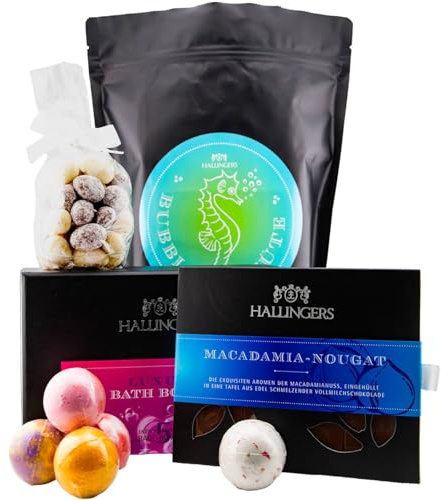 Hallingers Genuss Manufaktur Badesalz Geschenk-Set - Badezusatz in der XXL-Wundertüte Bubble Tüte großes Badeparty Mitbringsel Badebomben, Nougat-Mandeln & Schokolade, Geschenkidee für Frauen