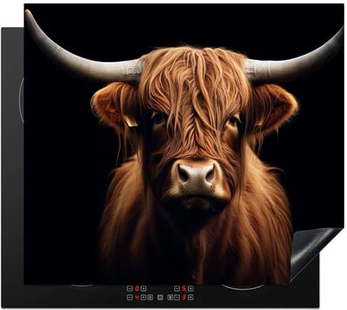 KitchenYeah© Herdabdeckplatte Einteilig Induktionsmatte Küche Abdeckung | 60x52 cm - Ceranfeld Herd Abdeckplatte Deko Vinyl Matte Aufrollbar Schottisches Hochlandrind - Schwarz - Kuh - Tiere