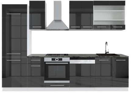 Vicco Küchenzeile Fame-Line, Anthrazit Hochglanz/Weiß, 300 cm | 8 Module · Höhenverstellbare Füße · AP Anthrazit inkl. · MDF-Fronten · Softclose · Metallgriffe