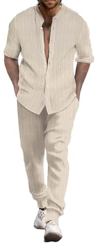 Junger Herrenanzug Slim Fit Herren Sommer Atmungsaktiv Zwei gerollte Ärmel Hemd Hose Set Herren Sportbekleidung Herren Zweiteilige Sportbekleidung, beige, M
