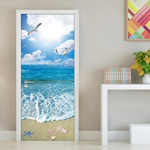 Adesivi per Porte Interne Vista Mare Adesivo Porta Interna Stella Marina Sulla Spiaggia 3D Murale Decorazione Camera Da Letto Bagno Poster Porta Autoadesivo Carta Da Parati 77x200 cm 4350A