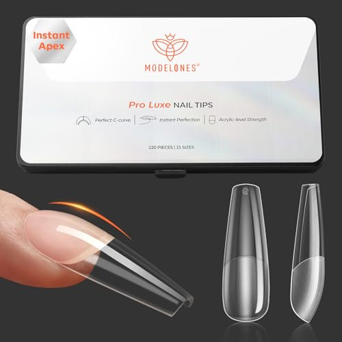 Modelones Faux Ongles, 120Pcs Capsule Americaine Ongles Semi Givré Capsules Gel Faux Ongles Ongle Pose Americaine, 15 Tailles Couverture Complète, Ballerine Long