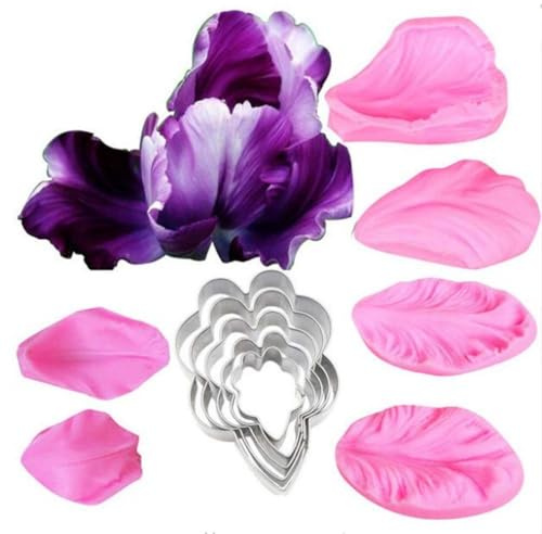 Silikon-Fondantformen mit Blütenblatt-Äderung, Edelstahl-Schneider-Set, Kuchendekoration, Zuckerpaste, Blumensilikonform, Zuckerguss-Blumenform, Herstellungswerkzeug (Set F)