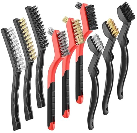 Juego de 9 cepillos de alambre para limpieza detallada, incluye cerdas de latón, cobre, acero inoxidable y nailon para metal, madera, estufa, fregadero, óxido y eliminación de escoria de soldadura
