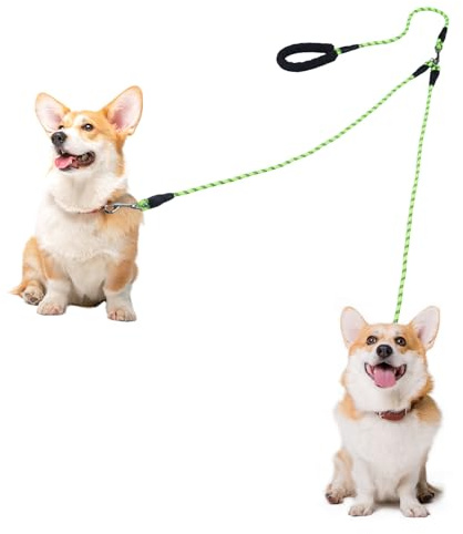 Doppelleine für 2 Hunde, Keine Verwicklung Leine für 2 Hunde, 360° Drehbare, Reflektierende Hundeleine mit Gepolsterten Griffen, Lauftraining für Kleine, Mittlere und Große Welpe (Grüner, Mittel)