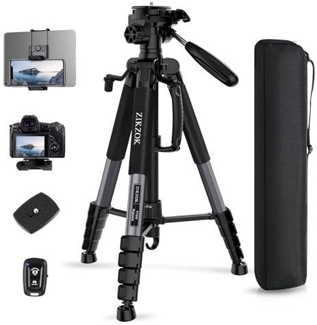 75 Camera Tripod, Heavy Duty Aluminum Camera Stand for ipad Phone, Travel Tripod with Remote/Carry Bag/Phone Tablet Holder, Compatible with DSLR, Spotting Scopes, Max Load 15 Lb(Grey)