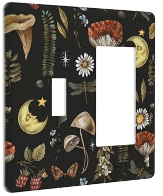 Witchy Fantasy Hippy Fairy Forest 2 Gang Combination Single Toggle/Decorator Wall Plate Vintage Black Boho Mushroom Combo 1-Toggle 1-GFCI/Rocker Outlet Light Switch Dimmer Receptacle Faceplate Cover