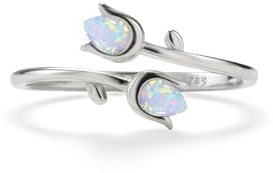 PERIMADE Anillo de tulipán de ópalo chapado en oro para mujer, hipoalergénico, con banda abierta, anillo de derivación de banda abierta, joyería de plata de ley 925, regalo de amistad de cumpleaños
