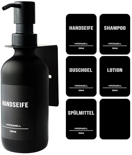KRONWELL® Seifenspender Wandbefestigung ohne Bohren - Pumpspender für Bad & Küche - Glas Spülmittelspender Wandmontage - Wandseifenspender - 250ml - Schwarz matt