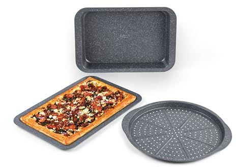 Russell Hobbs Metallic Marble 3-Piece Baking Set - Non-Stick Oven Sheet, Round Pizza Baking Tray, Square Roasting Tin, Durable Carbon Steel, Easy to Clean, Oven Safe to 220°C, Long-Lasting, Grey