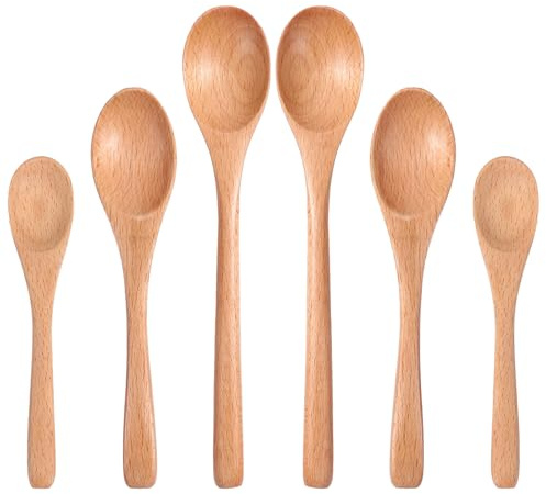 Lot de 6 petites cuillères en bois de hêtre de qualité supérieure en 3 tailles (12,4 cm, 15,2 cm, 18,3 cm) Cuillère à café en bois dur à long manche en bambou pour miel, thé, café, mini ustensiles