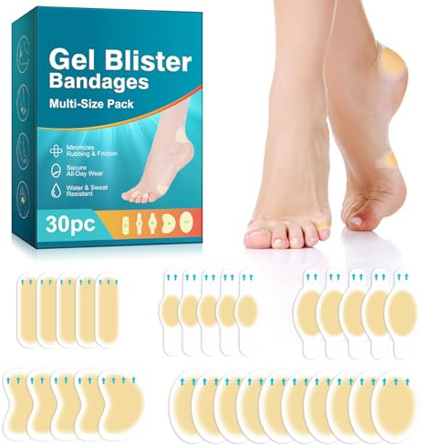 Hydrocolloid Gel Blister Bandages -30ct Waterproof Adhesive Blisters Bandages - Blister Pads for Heel, Foot, Toe, Feet - Gel Blister Chshions for Prevention & Recovery, Variety Pack