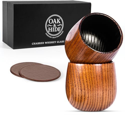 BRGHN Oak & Hide Charred Oak Whiskey Glasses Wooden Set of 2 with 2 Premium Leather Coasters – Perfect Birthday, Anniversary, Bachelor, or Father’s Day Gift for Men