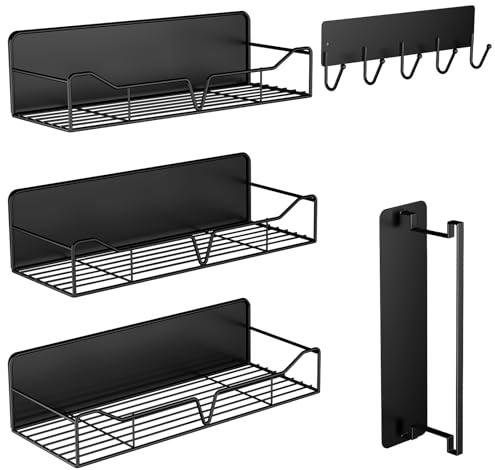 Magnetic Shelves for Washing Machine & Fridge Utentils Rack 5 Pack- Metal Heavy Duty Magnetic Shelf Magnetic Laundry Organizer with Hooks and Towel Holder for Magnetic Laundry Room Storage (Black)