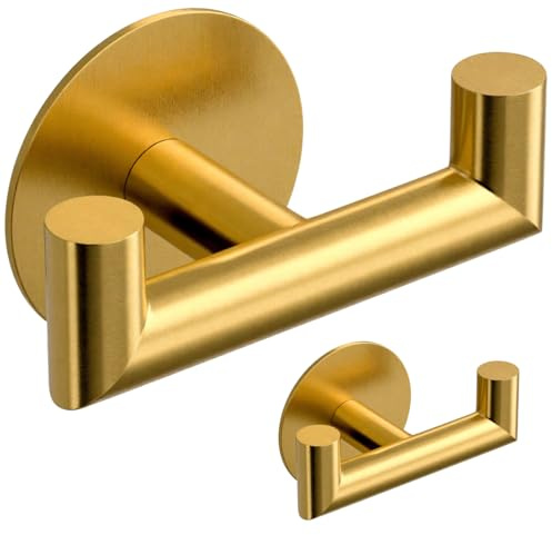 GWAAZXGZ 2 Pack Brushed Gold Bathroom Hooks for Towels - Self Adhesive Double Hooks for Wall, No Drilling, Stainless Steel 304, Strong Hold for Robes, Coats, Shower Use