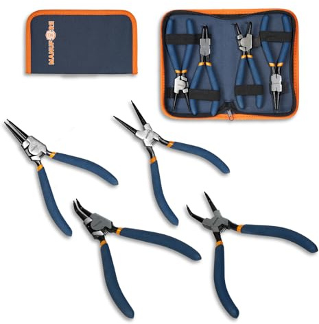 MANUFORE Seegeringzangen Set 4-teilig, Innen- und AuBenzangen, gerade und gebogen -Feste Spitzen Sprengringzangen Set füir Mechanik, Auto-Reparatur und Heimwerken