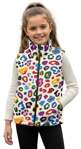 Renewold Sleeveless Outerwear Warm Fleece Vest for Girls Colorful Leopard Print Kids Toddlers Teens Zipper Coats with Pockets Winter Spring Fall Jacket Jogging Yoga Skiing Fleece Vest 9-10 Years