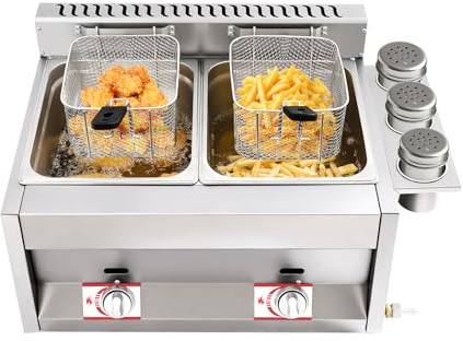 Gewerbliche Gas-Fritteuse Doppelbehälter 2×6L – Edelstahl 430, Unabhängige Temperaturregelung, Energiesparend & Schnellheizend, Für Pommes, Hähnchen, Snacks, Restaurant & Imbiss