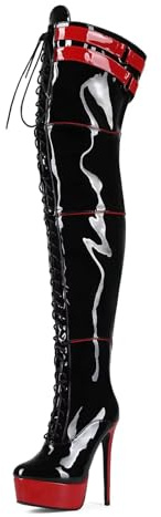 Frankie Hsu Stiiletto - Stivali lunghi sopra il ginocchio, con plateau, con lacci, regolabili in vernice nera e rossa, taglia 38-50, per donne e uomini, nero, 40 EU