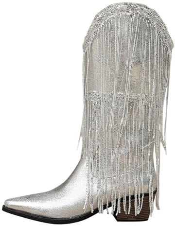 cfpqv Botas de vaquero para mujer, con flecos, de piel, media altura, tacón grueso, botas largas, botas de invierno cálidas y cómodas, botas de invierno largas, plata, 40 EU
