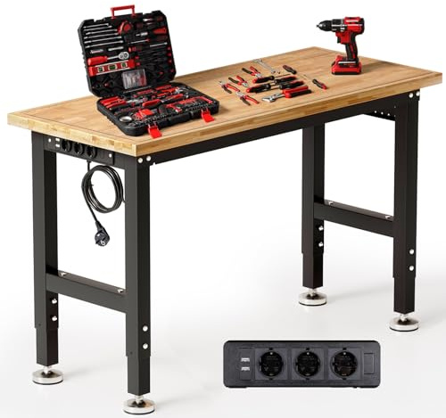 TLGREEN Banco da Lavoro Regolabile, 122 CM Tavolo da Lavoro in Legno di Gomma con Presa e Ganci, Stazione di Lavoro con 5 Altezze Regolabili, Capacità 907 kg, 4PCS Piedi per Officina, Garage, Ufficio