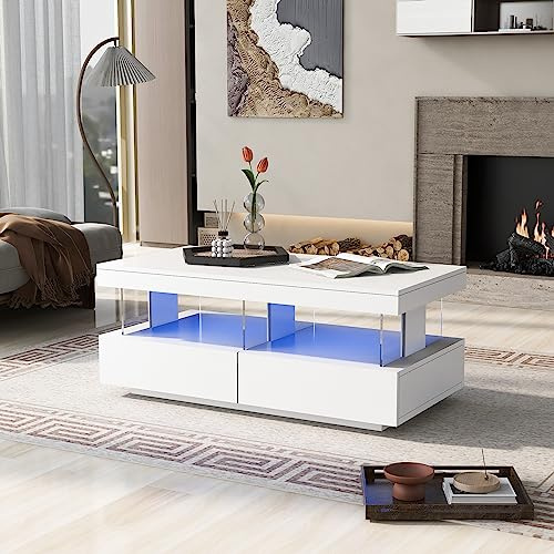 Ligterra LED Couchtisch mit Stauraum, Wohnzimmertisch, Teetisch Kaffeetisch Beistelltisch, Moderner Hochglanz-Sofatischmit 2 Schubladen, Langlebige, Kratzfeste undGlatte Tischplatte(Weiß)