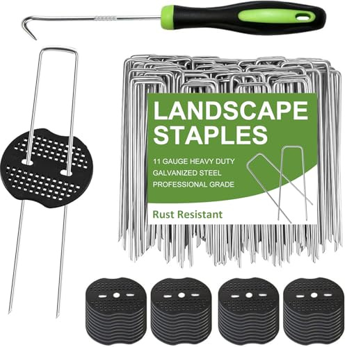 201Pcs Garden Stakes & Landscape Staples Kit: 100Pcs U-Shaped Staples & 100Pcs Fixing Gaskets with 1Pc Pick Hook for Weed Barrier, Ground Cover, Fence, & Artificial Turf