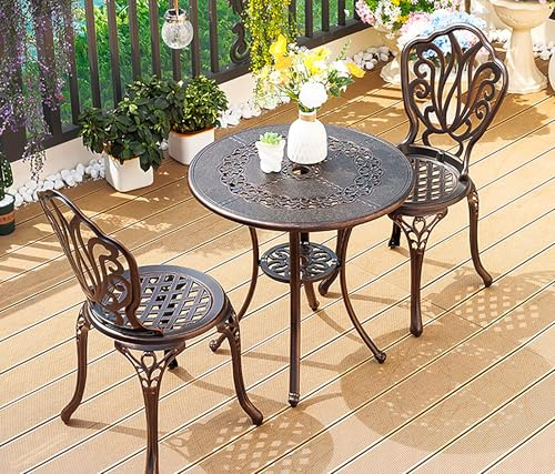 Gjutet aluminium bistroset, 3-delad utomhusmöbler med runt bord 65 cm, 2 ergonomiska trädgårdsstolar, bronsfinish, dekorativt gittermönster, väderbeständig uteplats matset