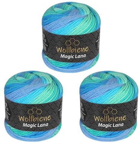 Wollbiene Magic Lana Farbverlaufsgarn 3 x 150gr 3x 420m – Bobbel Wolle mit langem Farbverlauf – 100% Polyacryl – Strickgarn & Häkelgarn für Tücher, Schals & Decken (4820 lagunenzauber)