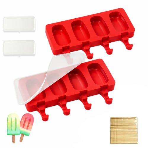 2Pcs Ice Lolly Moulds with Sticks, Non-Stick Cakesicle Moulds | Silicone Ice Popsicle Mould with Lid & 100 Wooden Sticks | for DIY Ice Cream Panna Cotta | BPA-Free (Red)