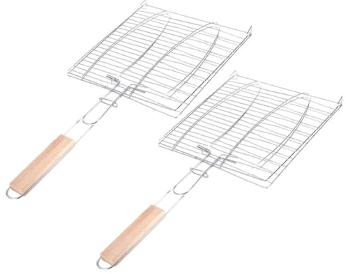 SOESFOUFU Fácil de Usar y Girar Mango de Madera 2 Cestas para Parrilla de Hierro Accesorio para Barbacoa Adecuado para Asar Pescado y Carne en Camping o Barbacoa Diaria