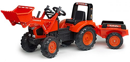 FALK - Tractopelle à pédales Kubota avec et remorque - Dès 3 ans - Fabriqué en France - Pelle frontale articulée - Siège ajustable - 2060AM, Orange