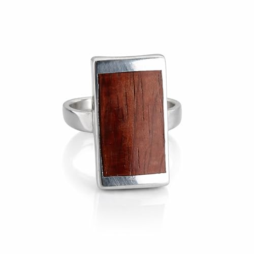 budawi® Silberring mit Holzeinlage | 925 Sterling Silber Schmuckring | Eckiger Ringkopf