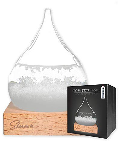 mikamax - Wettervorhersage Glas - Storm Glass Drop Mini - Barometer - Wetterstation - mit Hölzer Stand - Maße 8 x 8 x 13,5 cm - Geschenk für Männer und Frauen