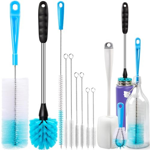 Holikme 11Pcs Bottle Cleaning Brush Set, Long Handle Bottle Cleaner for Washing Narrow Neck Beer Bottles, Wine Decanter, Narrow Cup, Pipes, Hydro Flask Tumbler, Sinks, Cup Cover