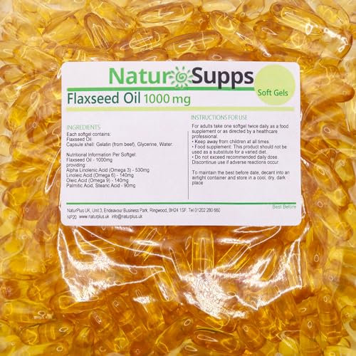 Natur Supps Flaxseed Oil Capsules 1000mg, Daily 2000mg Serving, Cold Pressed Omega 3 6 9, 365 softgels, High Strength Alpha Linolenic Acid, Linoleic Acid & Oleic Acid, UK Made