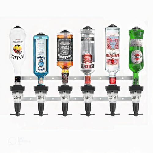 Chabrias Ltd Chrome 6 Bottle Wall Bar Rail + 25ml Spirit Optic Measure 25ml - UK Made, Fully Assembled Metal Bracket & Pub Trade Compliant, Traditional Chrome, Fits 70cl–1.5L Bottles