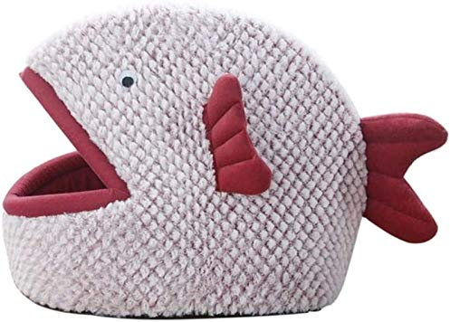 DHGTEP Fischförmiges Katzenbett mit Waschbarem Katzenkissen, Flauschige Katzenhöhle für Kleine, Mittelgroße Katzen und Hunde (Color : Red, Size : 50x45x40CM)