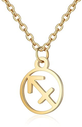 Gold Star Sign Circle Pendant Chain Necklace - Sagittarius (23rd November - 21st December) - Zodiac Constellation Horoscope Celestial Astrology Jewellery - Women Men Gift