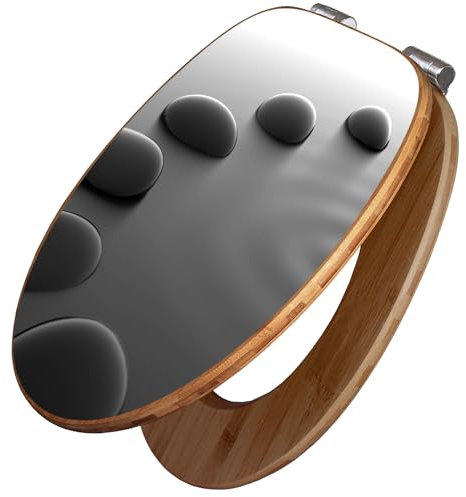 banjado Design WC Sitz Bambus Absenkautomatik 45,8x37,5cm / Toilettendeckel mit Absenkautomatik Holz/hochwertiger Bambus Klodeckel/WC-Sitz für gängigen Toiletten/Motiv Schwarze Steine