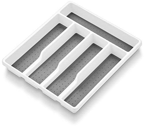 Onader Besteckkasten für Schubladen, Kunststoff Besteckeinsatz mit 5 Fächern, Schubladeneinsatz Utensilienfach Perfekt für Küche Büro, Weiches Futter & rutschfeste Gummifüße, Weiß & Grau, 32,6x29cm