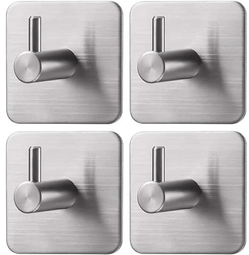 Drenky 4 Stück Klebehaken Extra Stark,Haken Selbstklebend Silber Edelstahl SUS304 Wasserdicht Multifunktional Handtuchhaken Ohne Bohren mit Klebepads Für Badezimmer und Küche