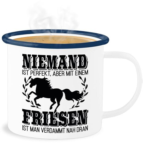 Emaille Becher Blechbecher - Pferde - Tassen - Niemand ist perfekt, aber mit einem Friesen ist man verdammt nah dran - 300 ml - Weiß Blau - sprüche pferd friese reit reiter pferdebesitzer horse