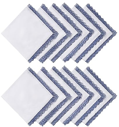 HOULIFE Taschentücher Hochzeit – Kleine Stofftaschentücher Damen, Taschentuch Hochzeit aus Gekämmte Baumwolle Weich Bunt Stickereien mit Spitzen, 12 Stücke, 25x25cm, Dunkelgrau