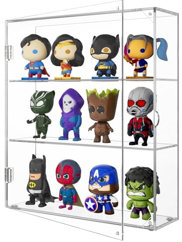 NIUBEE Acrylic Display Case, Clear Display Case for Funko Pop Figures, Wall Mounted or Desktop Dustproof Display Cabinet Box for Collectibles ,Rock,Crystals,Mini Toys,Amiibo (3 Tiers)