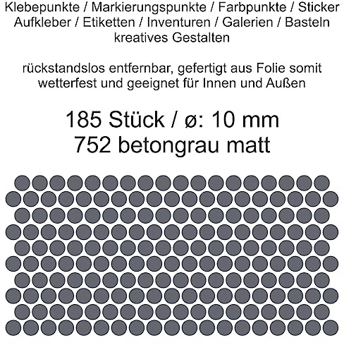 Aufkleber Etiketten Klebepunkte aus Folie 185 Stück grau betongrau matt rund 10 mm selbstklebend farbig wetterfest Decal Markierungen Organisieren DIY basteln verzieren Modellbau Scrapbooking