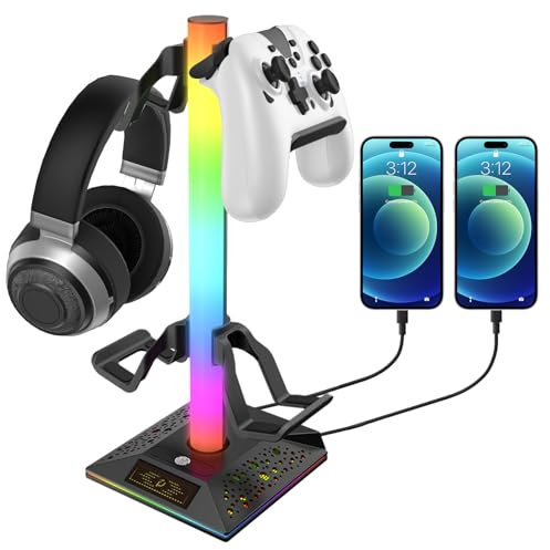 LUVZOOR Porta Cuffie RGB, Supporto per Cuffie 2 USB und 3.5mm AUX Type C, LED Gaming Stand Cuffie Accessori Scrivania per Tutte le Cuffie